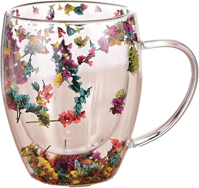 Camyu Artistic Glass Espresso Cup, 350ml Double Wall Insulated Glass Coffee Mugs, Anti-Scald Thick Expresso Coffee Cups With Dried Flowers For Hot Beverages