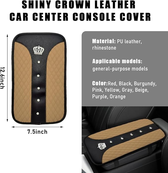 Bling Crown Car Center Console Mats, Anti-Slip and Waterproof Crystal Car Armrest Pad Protector, Universal Rustproof Armrest Decor Cushion for Cars & SUVs, Car Accessories (Beige)