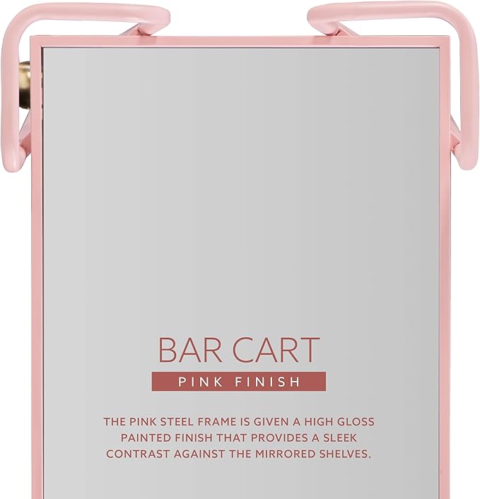 Gina Pink Mid-Century Bar Cart with Mirrored Shelves and Locking Wheels by Linon