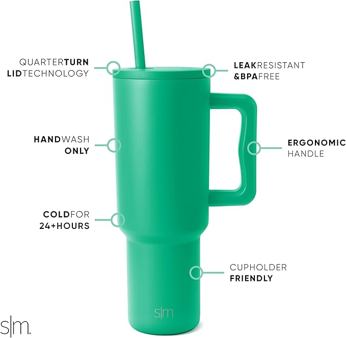 Simple Modern 40 oz Trek Tumbler with Handle and Straw Lid | Cup Holder Friendly Insulated Stainless Steel Travel Mug | Island Jade