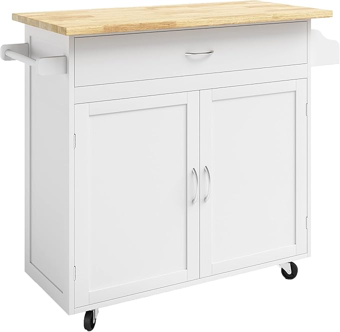 Lavish Home Kitchen Island Cart – Rolling Kitchen Table with Spice Rack, Towel Rack, Storage Drawers & Cabinet – Mobile Coffee Bar & Additional Counter Space (White)
