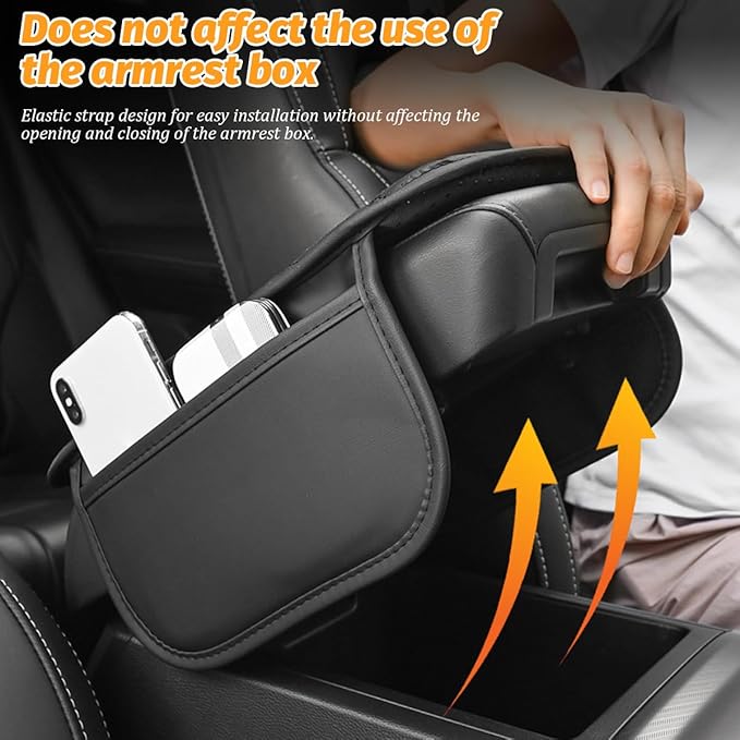 Car Center Console Cover, Leather Vehicle Armrest Box Pad with 2 Storage Bags, Automotive Interior Arm Rest Cushion Protector Accessories, Universal for SUV Sedan Truck (Black)