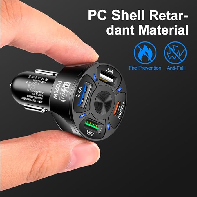 4 Port USB Fast Charging Cigarette Light Car Charger 3 * 2.4 A USB/ 1 PD20W LED Light Compatible with Tablets Cameras iPhone 14 13 12 11 Pro Max X XR XS Samsung Galaxy Series Google Pixel (White)