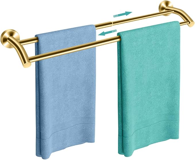 MGahyi Adjustable Double Towel Bar 14.5-24.8Inch, Matte Telescopic Stainless Steel Wall Mount Towel Holder, Rustproof Towel Rack for Bathroom Kitchen RV Laundry Hotel (Gold, Double-Bar)