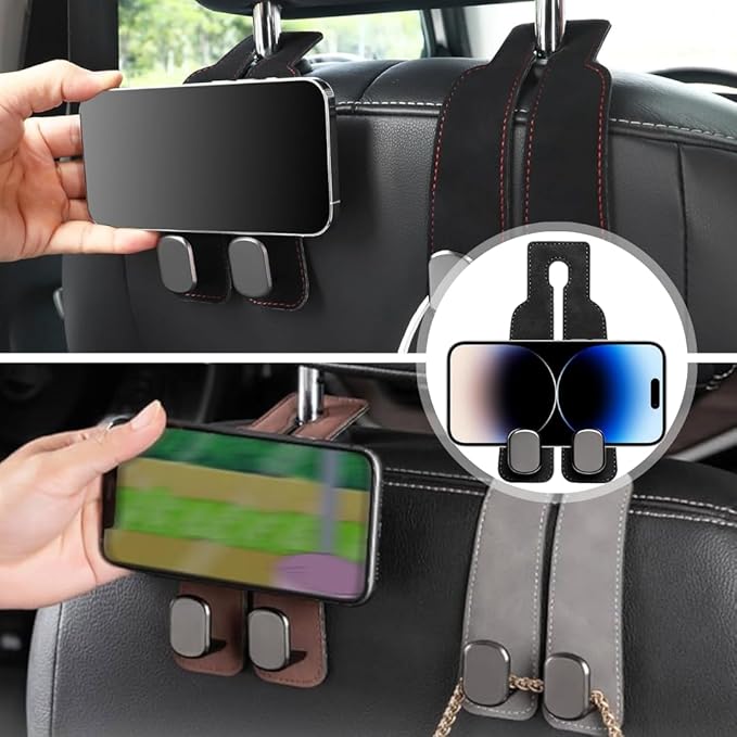 Car Seat Headrest Hooks for Purses and Bags - Premium Leather Double Hook Hanger with Metal Construction, Universal Purse Holder for Car Organization, Fits Most Vehicles (Black, 4-Pack)