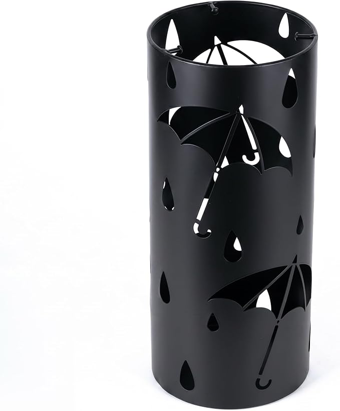 BEWBBAT Metal Umbrella Stand Rack for Entryway, Black Round Free Standing Umbrella Holder Organizer Bin with 3 Hooks for Walk Stick, Home Office Indoor, 17 x 7 Inch