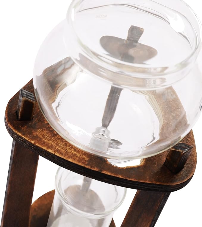 6-8 Cup Iced Coffee Cold Brew Drip Tower – 600ml Retro Hand-Blown Glass & Wood Coffee Maker, 3-5H Quick Extraction with Stainless Steel Filter (Brown)