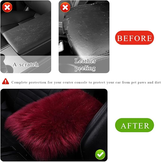 Car Center Console Cover Pad, Fluffy Middle Console Pad Armrest Seat Box Cover, Universal Furry Arm Rest Decoration Protector for Car Truck SUV, Interior Car Accessories (Wine Red)