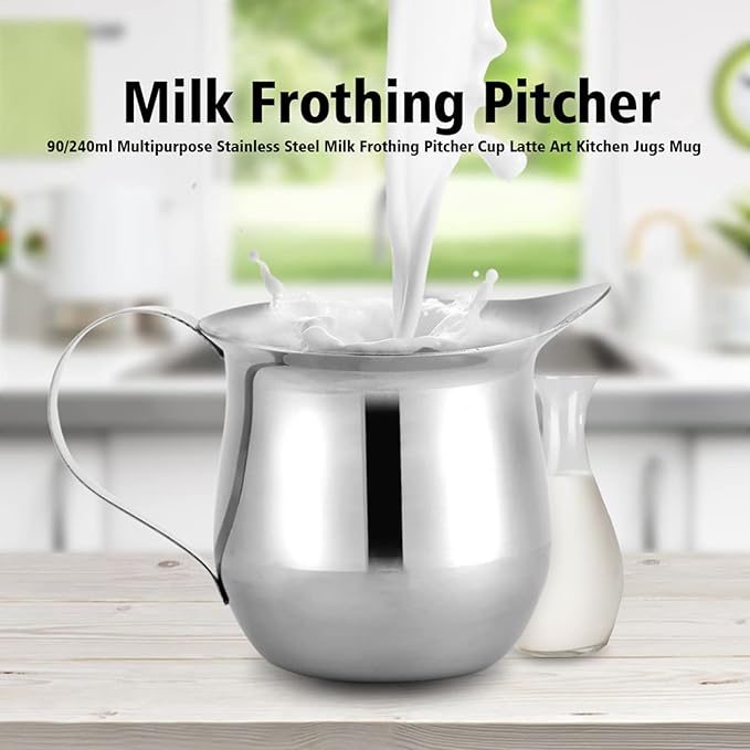 Joyzan Stainless Steel Bell Creamer, Espresso Shot Frothing Pitcher Cup Handle 8oz Serving Cream Pouring Spout Jug Coffee Latte Tea Milk Jam Maple Syrup Sauce Salad Dressing Restaurant Kitchen Art