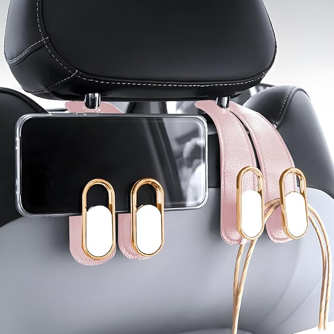 Car Seat Headrest Double Hook, 2PCS Multifunctional Soft Leather Vehicle Purses & Bags Holder, Hidden Design Automotive Interior Storage Hanger, Universal for SUV, Truck, RV (Pink)