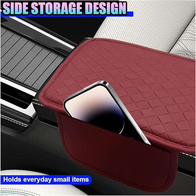 Leather Car Center Console Cover, Anti-Scratch Auto Middle Console Protective Cushion with 2 Storage Bags, Universal Waterproof Vehicle Armrest Pad Accessory for Sedan, SUV, Truck (Burgundy)