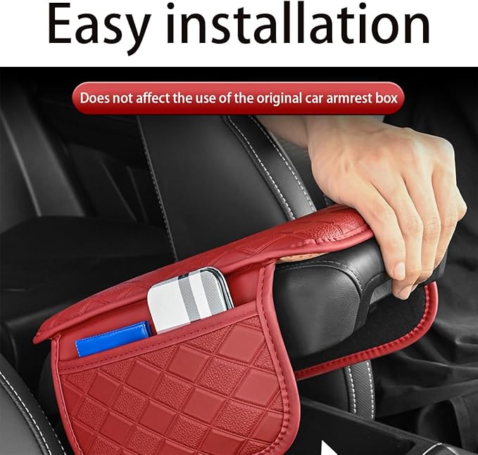 Car Center Console Cover, Leather Vehicle Armrest Pad with 2 Side Storage Bags, Comfortable Auto Interior Middle Console Storage Box Cushion Accessories, Universal for Most Cars (Red)