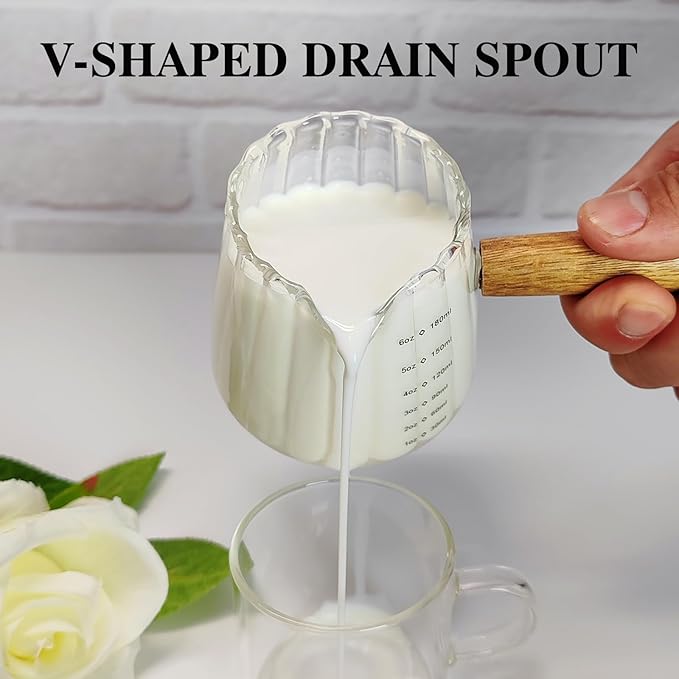 2-Pack Espresso Cups With Wood Handle 6oz, Espresso Accessories, Milk Frothing Pitcher, Glass Measuring Cup, Shot Glass