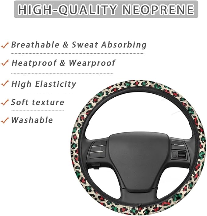 Universal Non-Slip Steering Wheel Cover, 15-inch Polyester Material Driving Accessories, Adjustable for Car and Truck(Artistic Red Green Leopard)