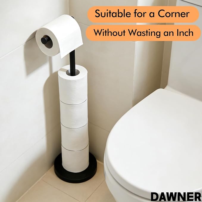 DAWNER 24" Black Toilet Paper Holder Free Standing, Stainless Steel Rustproof Toilet Paper Stand with Storage, Stable Heavy Weighted Flat Base for Apartment, Bathroom, Kitchen, Matte Black Finish