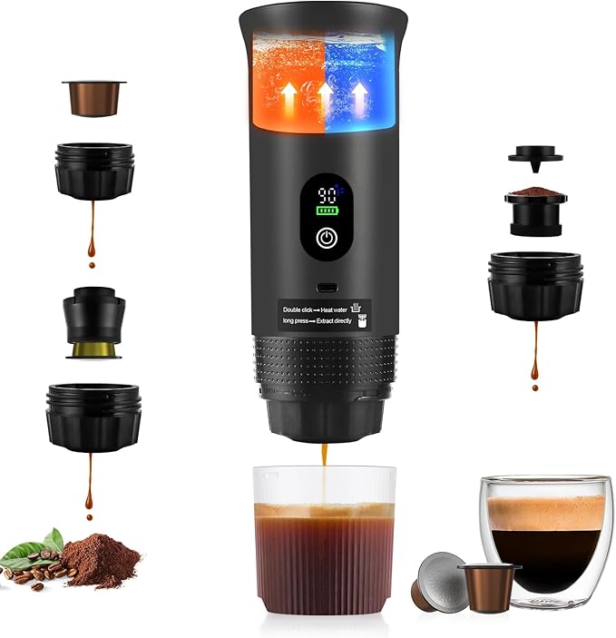 Upgraded 3 in1 Portable Espresso Machine with LED Display,20 Bar Pressure,Real-Time Temp&Battery Indicator,Portable Coffee Maker Compatible with Ground Coffee & Capsules, for Travel,Home & Office