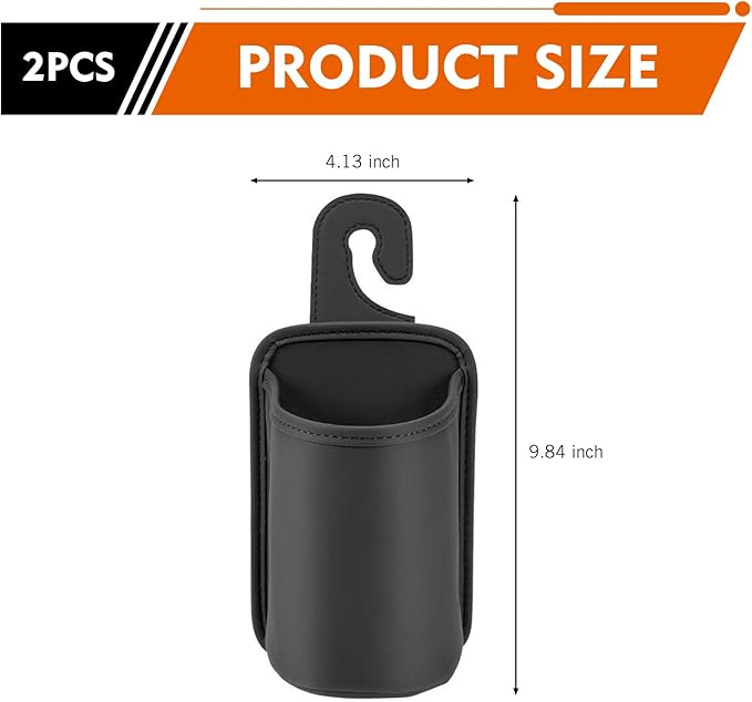 2PCS Car Headrest Cup Holder for Back Seat, PU Leather Premium Storage Accessory, Multi-Functional Anti-Spill Cup Storage Box with Hooks for Bags, Universal for Most Cars (Black)