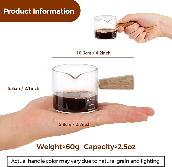 YARRAMATE 2.5 oz/75ML Espresso Shots Cup with Wood Handle, Clear Glass Espresso Measuring Cup with Dual Scale, Shot Glass with Single Spout, Dishwasher Safe