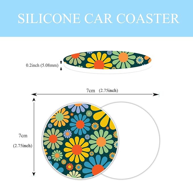 Hippie Daisy Flower Steering Wheel Cover for Women Men with 2 Pcs Car Coasters, Universal 14.5-15 Inch Rainbow Steering Wheel Covers Non-Slip Car Accessories for Girls