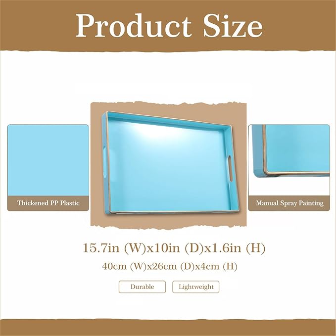 Zosenley Decorative Plastic Serving Tray with Handles, Modern Vanity Organizer for Bathroom, Kitchen, Ottoman and Coffee Table (Blue, Rectangular)