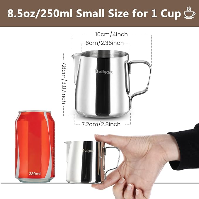 Dailyart Milk Frothing Pitcher 8.5OZ/250ml - 304 Stainless Steel Milk Frother Cup with Special Dripless Spout and Scale, Espresso Machine Accessories, Milk Steaming Pitcher for Cappuccino, Latte Art