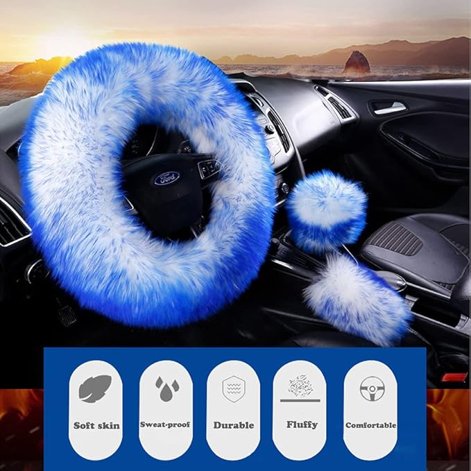 15inches Universal Leather Car Steering Wheel Cover Car Accessories Colorful Fuzzy Steering Wheel Cover Gear Shift Cover Handbrake Cover (Gray)