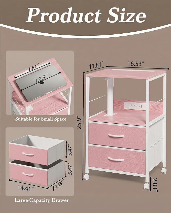 Faesun Swivel Lift Top Nightstand with Charging Station, Rolling Side Table for Recliner, Bedside Table with Wheels & 2 Fabric Drawers, for Small Spaces, for Bedroom, Living Room, Pink