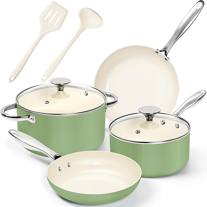 MICHELANGELO Pots and Pans Set Non Stick 8 Piece Ceramic Cookware Set Green | PFAS-Free Green Ceramic Nonstick Cookware Set for Eggs, Fish, Vegetables, Low-Oil Cooking and Induction Ready, Easy Cleanup