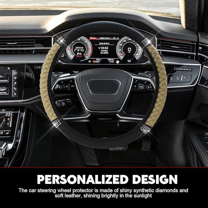 Car Steering Wheel Cover, Steering Wheel Accessories, Breathable Microfiber Leather Auto Wheels Protector, Universal 15 Inch Anti-Slip Protector for SUV Sedan Truck (Bling-Beige)