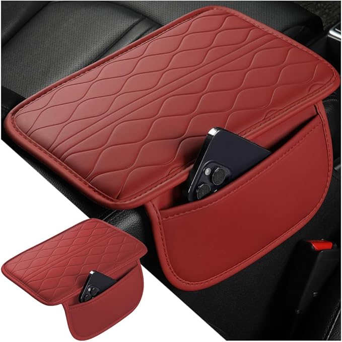 Car Center Console Cover, Leather Vehicle Arm Rest Protection Cushion with 2 Side Storage Bags, Auto Interior Armrest Storage Box Pad Accessories, Universal for SUV, Sedan, Truck (Wine Red)