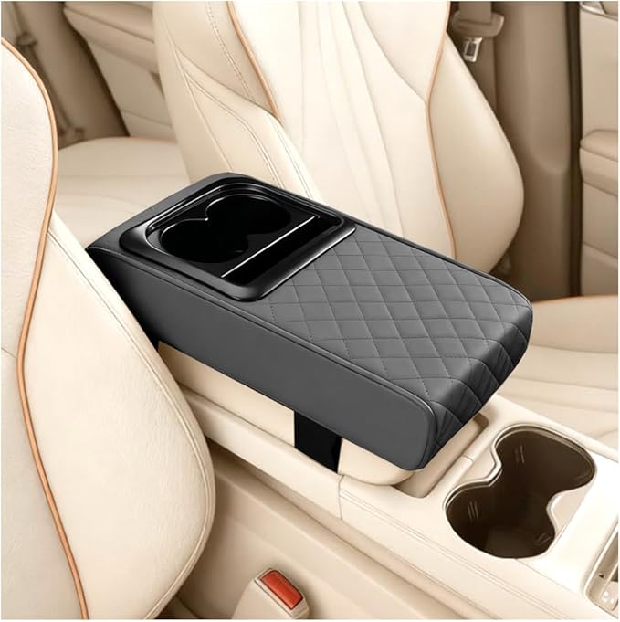 Car Center Console Armrest Pillow, Leather Vehicle Middle Console Protection Cushion with Cup & Phone Holder, Waterproof Automotive Arm Rest Box Cover, Universal Fit (Gray Rhombus)