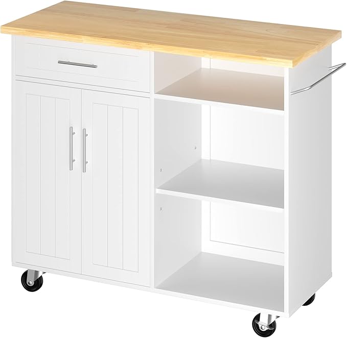 SUNLEI Kitchen Island on Wheels with Storage Cabinet & Drawer, 42" Multifunction Kitchen Cart Cabinet with Shelves, Cart Handle for Towel Rack or Free Mobility, Portable Islands for Kitchen(White)