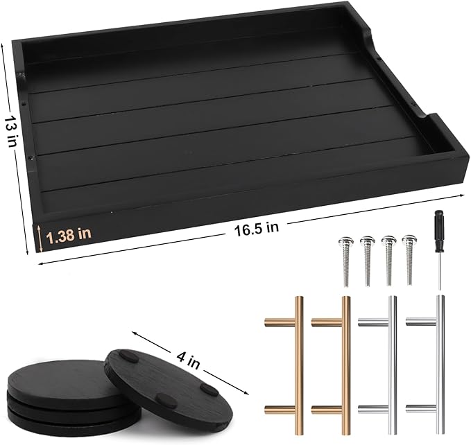 Coffee Table Trays - Large Ottoman Tray for Living Room -Wood Serving Tray with 2 Sets of Handles - Wooden Tray for Coffee Table, 4 Round Coasters Included, Black
