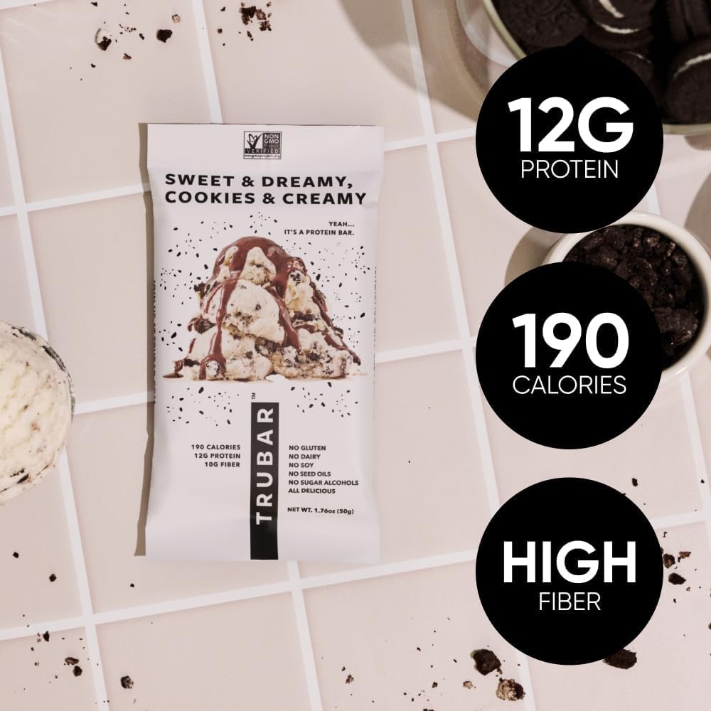 TRUBAR Vegan Protein Bar, Sweet & Dreamy Cookies and Creamy, Gluten Free, Plant Based Protein, Dairy Free, Non GMO, Soy Free, No Sugar Alcohols, 12G Protein, 12G Fiber, 23G Carb,Snack Bars, 12ct
