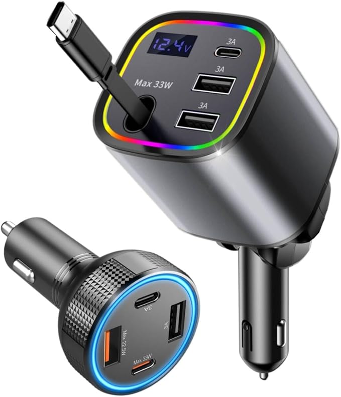 [2 Pack] Retractable Car Charger USB C 78W & 85.5W 4 in 1 Fast Car Charger, 4 Ports Cigarette Lighter Adapter with Retractable Cables, Compatible with iPhone 16/15/14/13/12/11, Galaxy, Pixel,