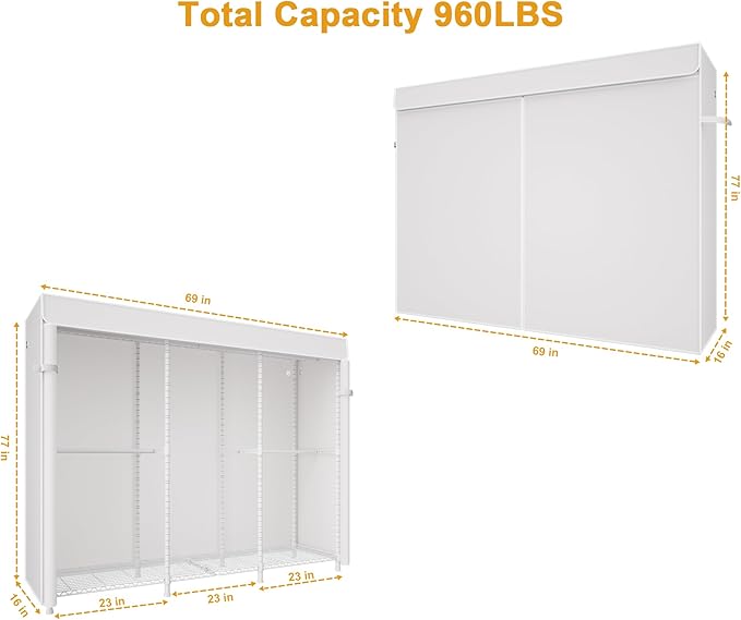 ULIFHOME E14C Pro Heavy Duty Closet Organizer System，Freestanding Clothing Racks for Hanging Clothes，Adjustable Garment Rack 69" W × 16" D × 77" H Hold 960 lbs，White Rack with White Dustproof Cover