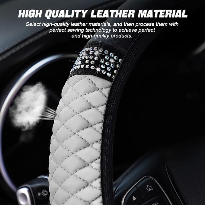 Leather Car Steering Wheel Cover, 15 Inch Colorful Rhinestones Elastic Auto Steering Wheel Protector, Bling Steering Wheel Cover for Women Men, Car Accessories for Cars, Vehicles, SUVs (White)