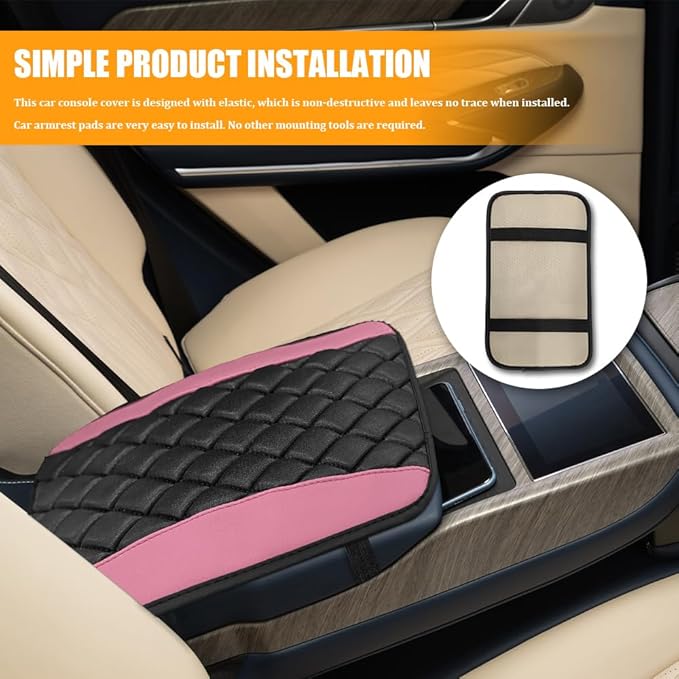 Car Center Console Cover, Leather Waterproof Armrest Seat Box Cushion Pad, Universal Decor Protector Mat, Comfortable Car Decor Accessories Fit for Most Cars, Vehicles, SUVs (Pink)