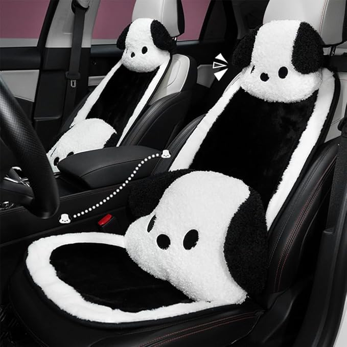 Set of 4 Car Headrest & Lumbar Support & Seat Cushion & Back Support Pillow Cute Black & White Dog Pattern Car Seat Pillow Comfortable & Durable Car Accessories Pillow for Long Sitting