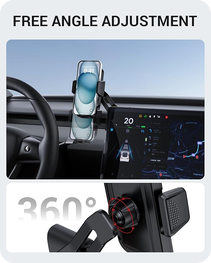 BASENOR 2025 2026 Tesla Model Y 3 Phone Mount Holder Strong Adhesion 360° Adjustable Cell Phone Holder Stand Tesla Model Y Juniper Tesla Model 3 Highland Interior Accessories Fit for iPhone & Android