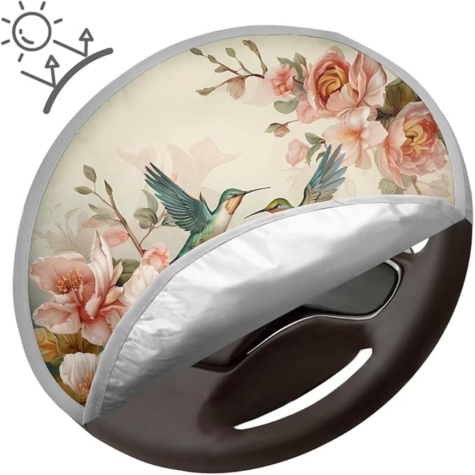 Floral Hummingbird Steering Wheel Sun Shade Cover Heat Protection Vehicle Steering Wheel Reflector Protector Thickened Sun Heat Shield for Most Cars SUV Truck Van