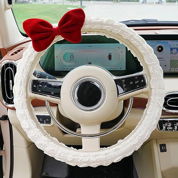 Car Steering Wheel Cover Cloth Puffrug car with Anti-Slip Sweat-Absorbing Handlebars Woman Steering Wheel Cover Gift for Sister's mom Teacher (Pink Bow)