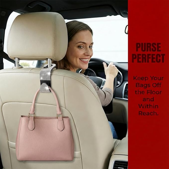 4PCS Bling Car Seat Headrest Hooks, Crystal Rhinestone Vehicle Back Seat Hanger Holder, Auto Interior Headrest Hanging Storage Organizer for Purse Handbag Coat, Universal Fit (Black/Pink)