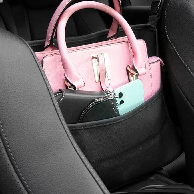 Car Handbag Holder Between Seats Car Organizer, Leather Large Capacity Car Purse Holder for Front Seat, Seat Back Net Bag Double-sided Tissue Storage Handbag Holder Car Accessories (Beige)