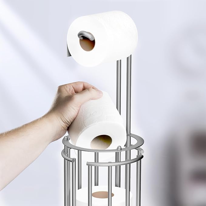 Meangood Toilet Paper Holder Stand and Tissue Paper Roll Dispenser for 4 Mega Rolls, Bathroom Free Standing Tissue Roll Storage Holder Rack, Detachable (Matte Silver)