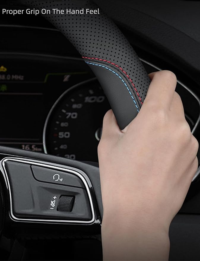 Nappa Premium Leather Steering Wheel Cover, Non-Slip, Breathable, Universal 14.5-15 inch Car Steering Wheel Protector for Women Men, Anti-Slip, Black
