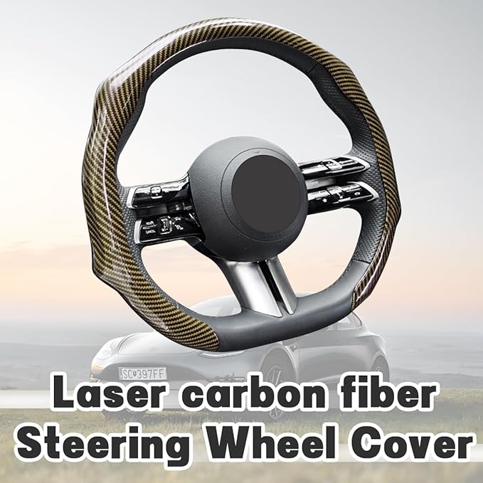 Carbon Fiber Car Steering Wheel Cover, Leather Non-Slip Vehicle Steering Wheel Cover for 14.5-15 Inch, Comfortable Auto Interior Protector Decoration Accessories, Universal Fit(Gold)