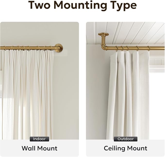 Zeerobee Curtain Rods for Windows 48 to 84, 1 Inch Industrial Wrap Around Warm Gold Curtain Rod, Indoor/Outdoor Room Divider Adjustable Drapery Pole, 48"-86"