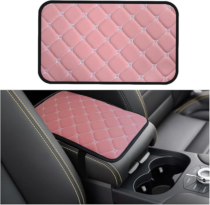 Car Center Console Cushion Pad, Comfortable PU Leather Vehicle Armrest Seat Box Cover, Waterproof Automotive Interior Arm Rest Protector Accessories, Universal Fit (Pink)