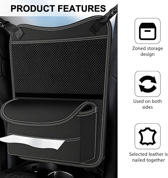 Car Organizer Storage Between Seats, Nappa Leather Large Capacity Vehicle Hanging Handbag Holder for Document Phone, Auto Interior Console Organizer Pocket, Universal Fit (Black)